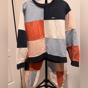 OBEY Brand Organic Lockdown Colorblock Cotton Sweatsuit Top and Pants